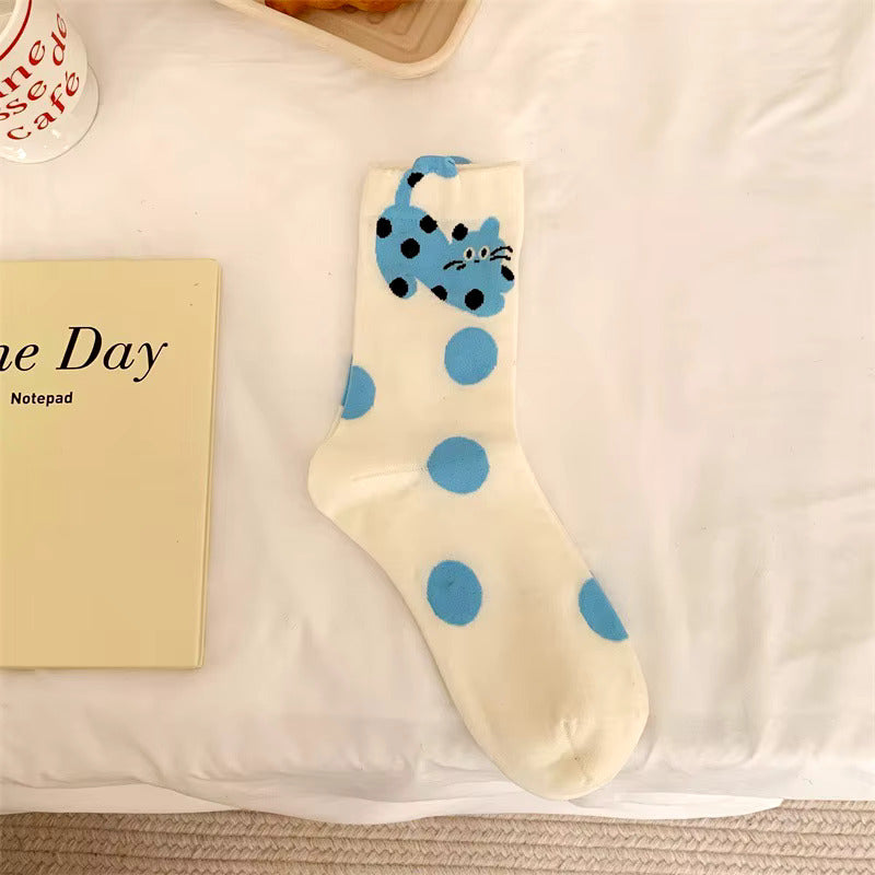 Blue Polka Dot Cat Socks