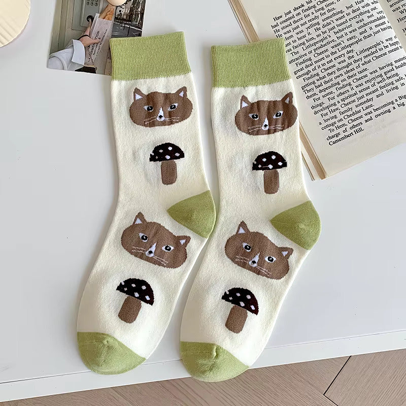 Green and Brown Mushroom Cat Socks