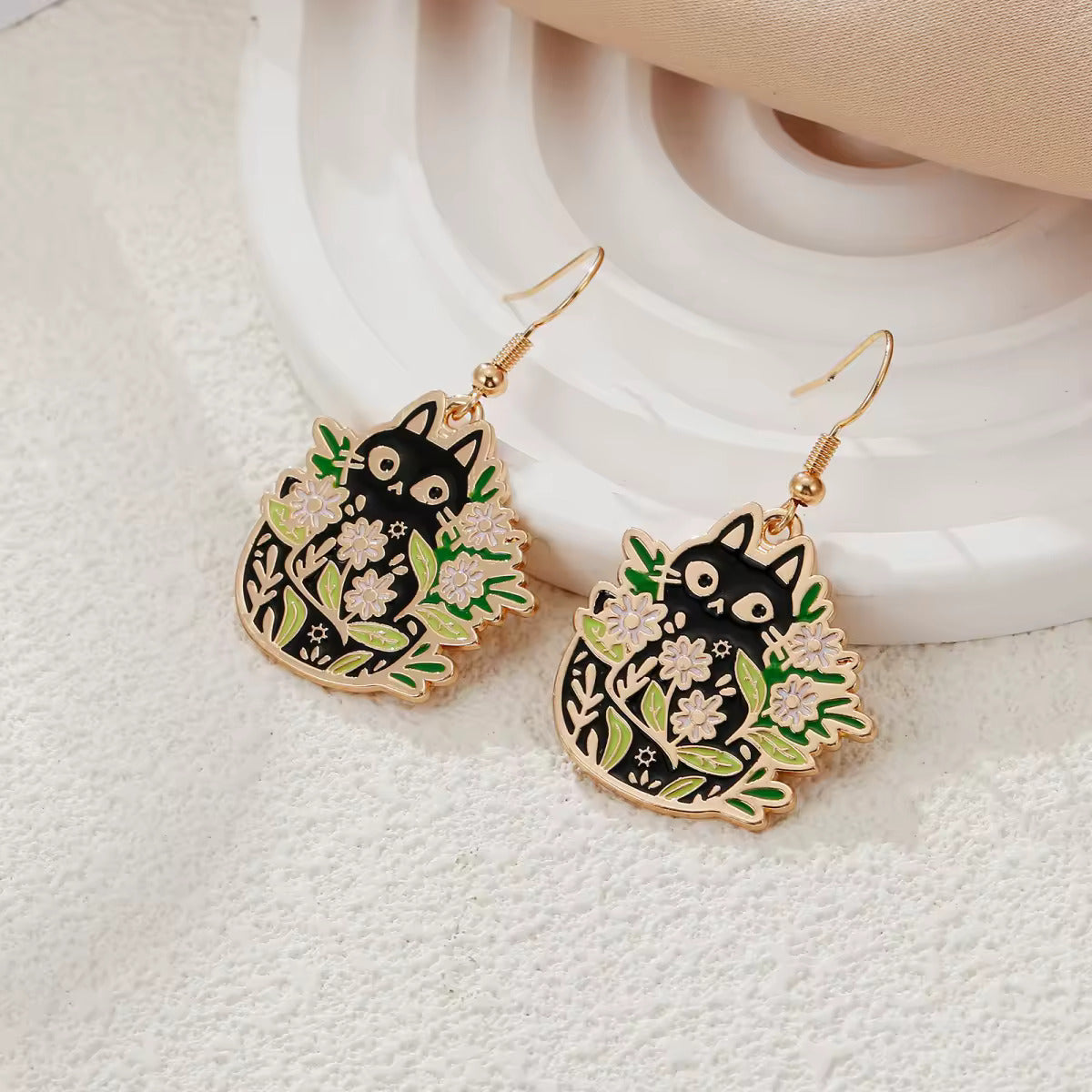 Floral Enamel Black Cat Earrings